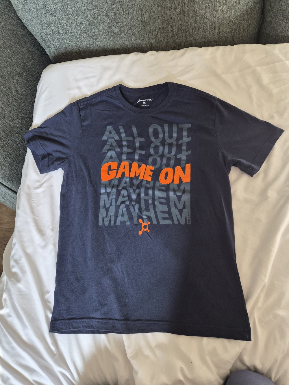 Orangetheory Navy Tee with Bright Orange 'Game On' Print